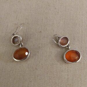 K.C. marked. Silver tone light brown stone look dangle wire earrings.